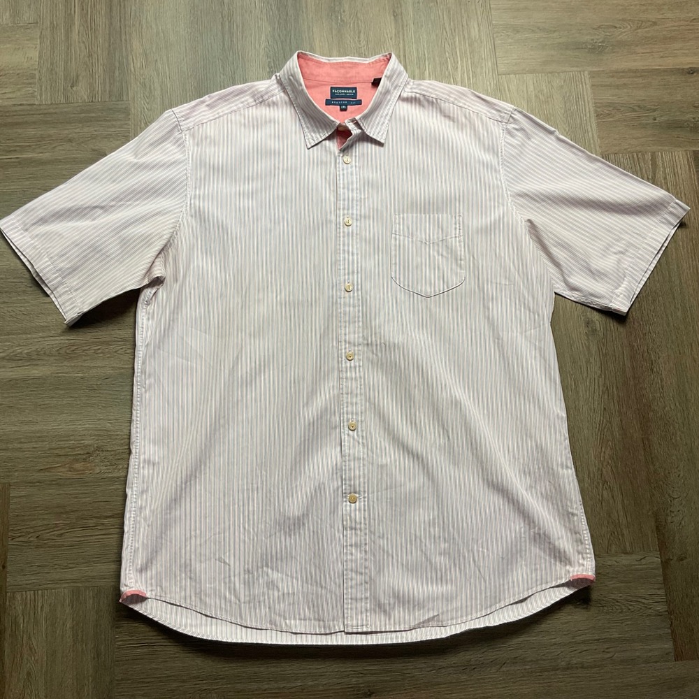 Faconnable Tailored Denim Regular Fit Shirt Mens 2XL Peach Blue Short Sleeve